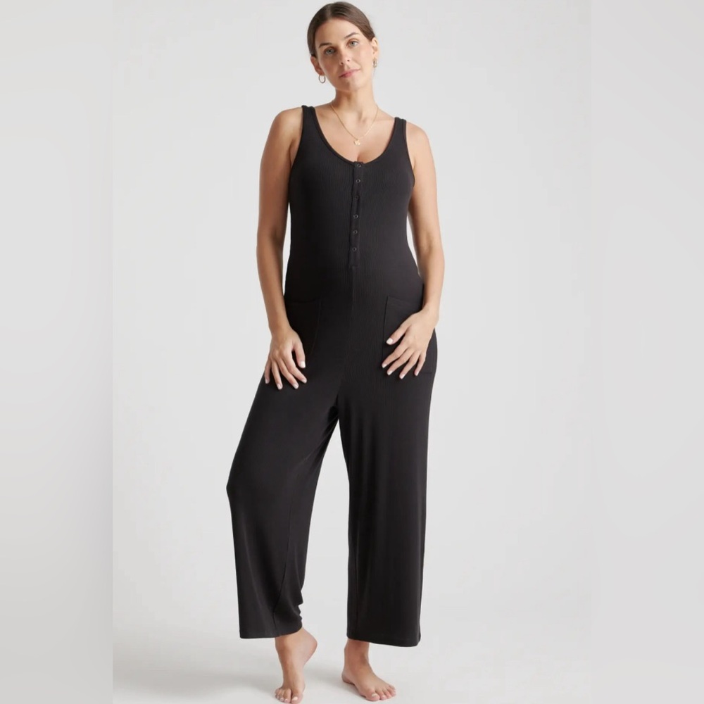 Quince Tencel Rib Maternity & Nursing Jumpsuit- Black, Size M